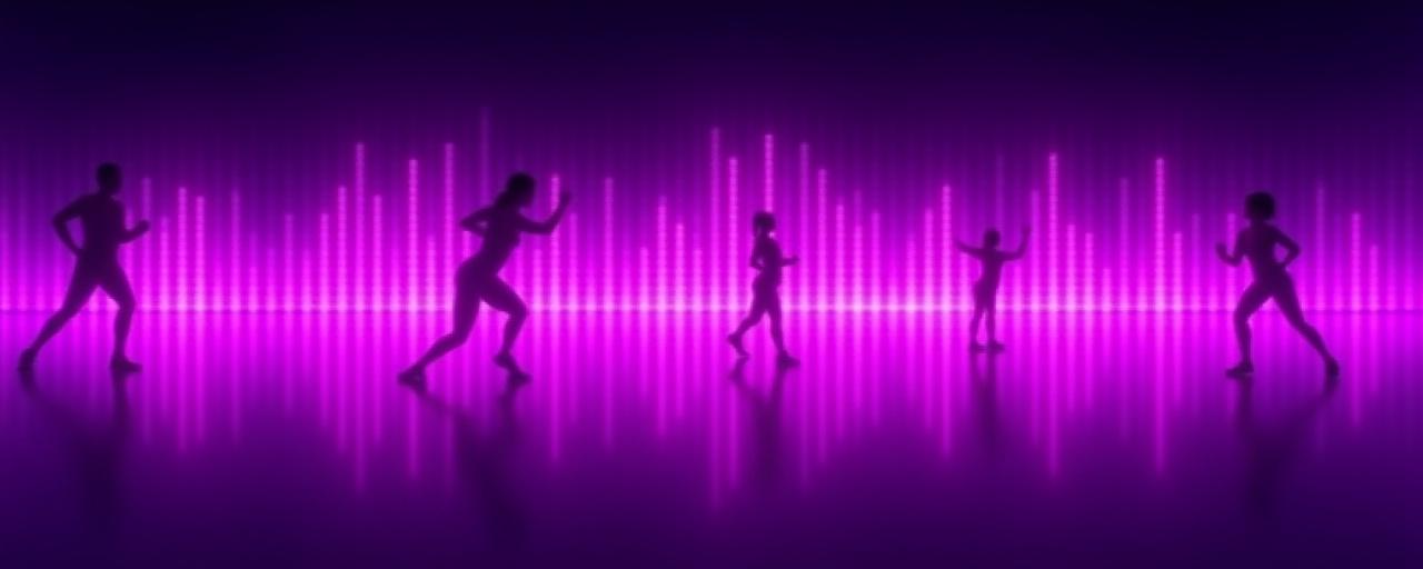 抽象的な音波とフィットネスウェアを着た人物が躍動する様子